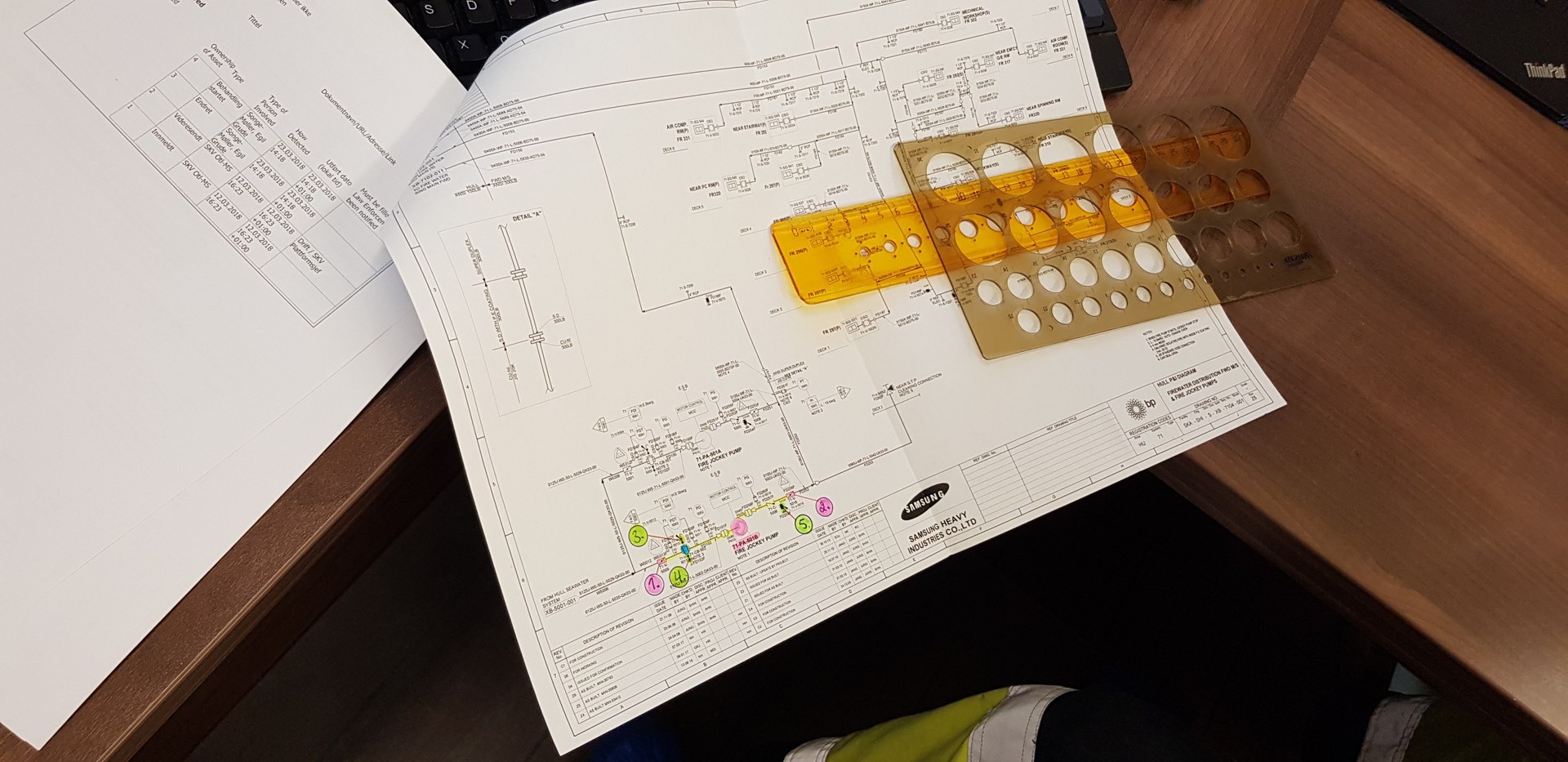 Hand-marked paper P&ID drawings on a desk with drafting templates, from field sessions with reliability engineers